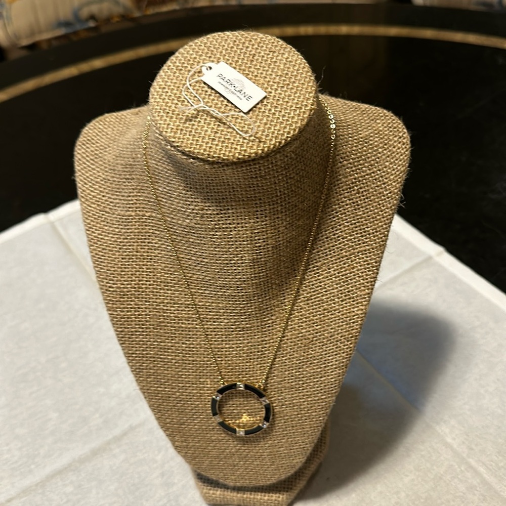 Park Lane gold necklace, circle pendant with faux diamonds. NIB